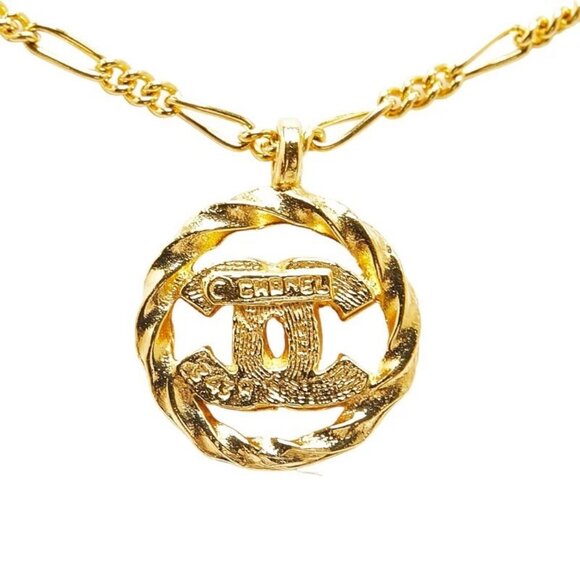 CHANEL CC Logo Rhinestone Round Necklace 16" Gold Tone Auth w/Box #222-62 - Picture 1 of 16